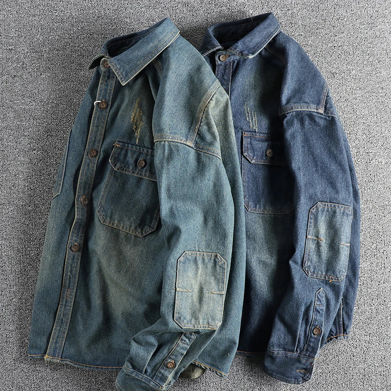 Patch à manches épissant le lavage lourd pour faire de la vieille chemise de denim vintage pour les hommes de la tendance raide des hommes 250823