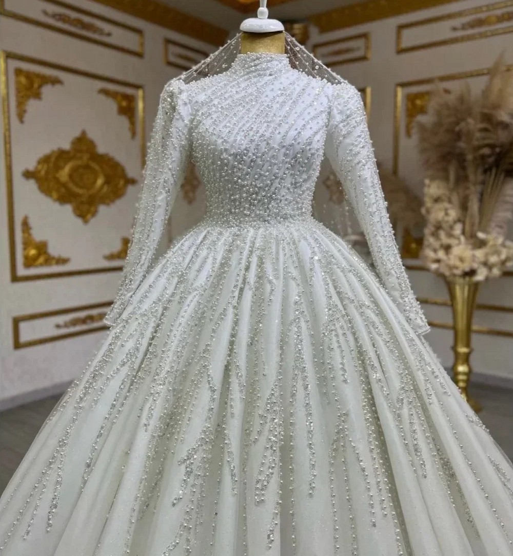 2026 Luxury Princess Ball Gown Wedding Dress High Neck Pearls Beads Long Sleeves Train Satin Puffy Muslim Bridal Bride Gown Vestidos De Novia