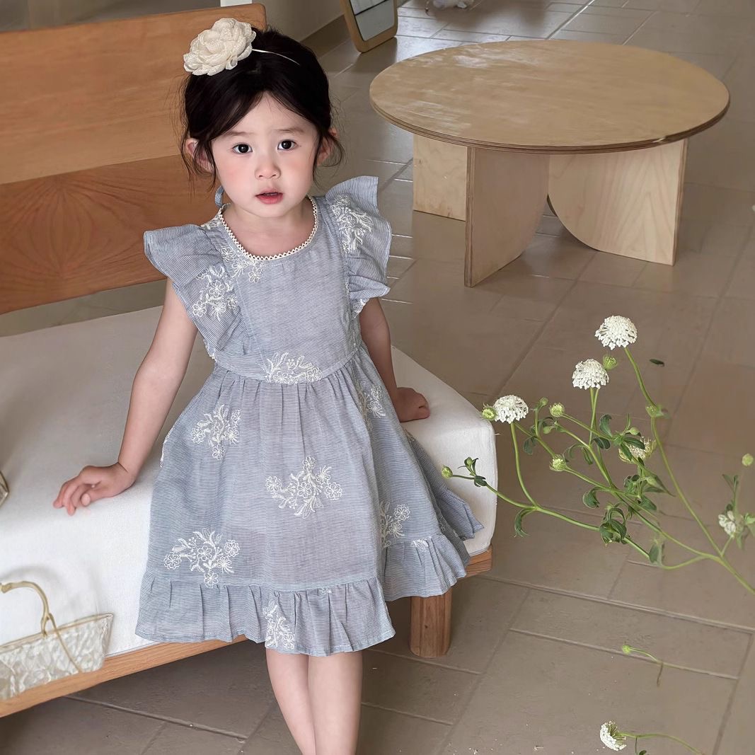 D243 Girls Korean style summer new princess dress embroidered ruffled flowers children&#039;s backless-image-1072405023