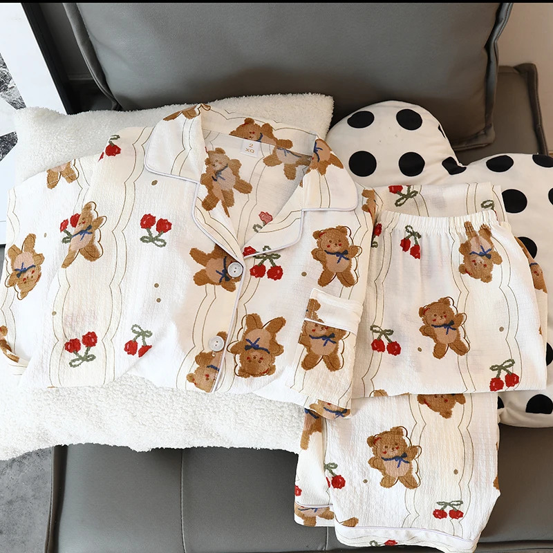 Cartoon Cherry Bear Kawaii Womens Pajamas Harajuku Cute Y2K for Women Long Sleeve Top Elastic Waist Pants Sleepwear 250823