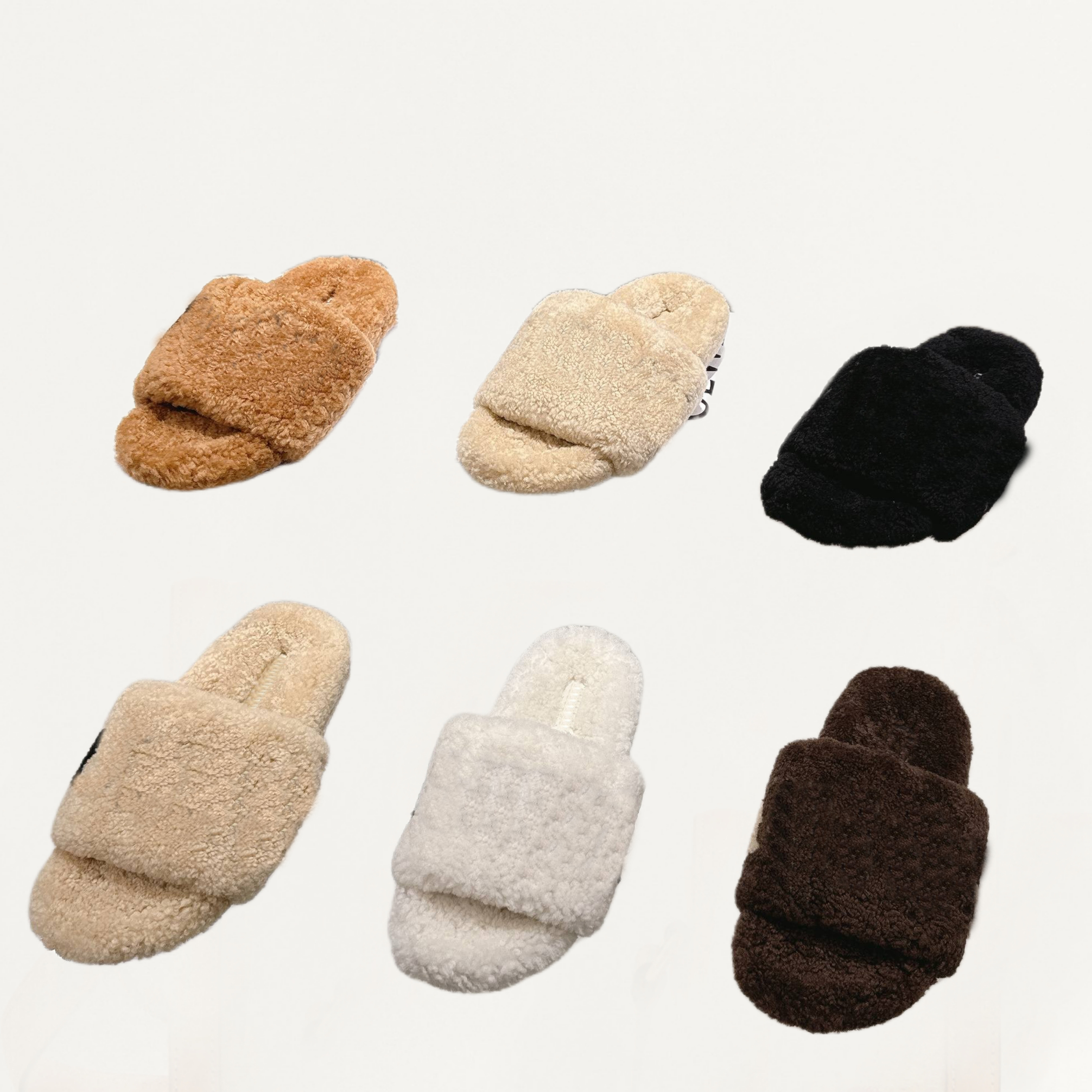 Luxury fur slippers designer women Trendy furry Fluffy shearling sandals slippers sheep Wool flats soft warm fur Slides Winter home outdoor