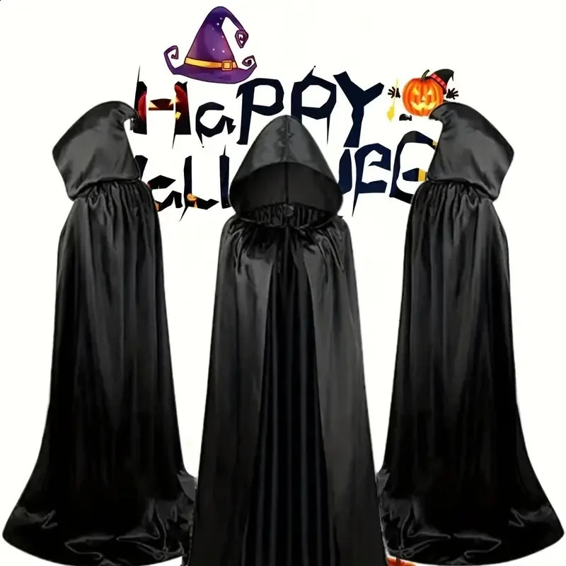 Halloween Cloak Soft Unisexe Hooded Black Robe Witch Long Cap Cosplay Costume Prop Party Performance Fournitures de vacances Decoration 250823