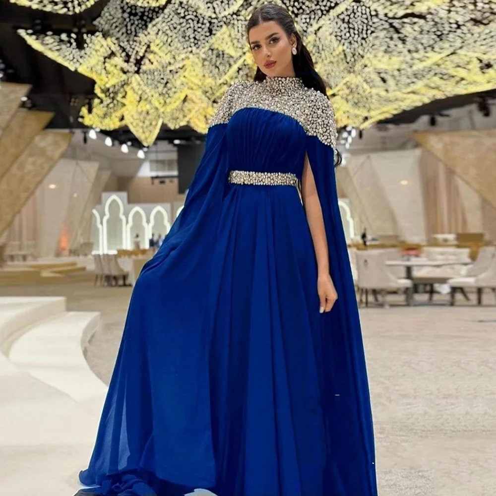 2026 Luxury Prom Pageant Dress High Neck Cap Long Sleeves Bead Sequins Crystla Chiffon Evening Party Dresses Formal Gown Arabian robe de soiree