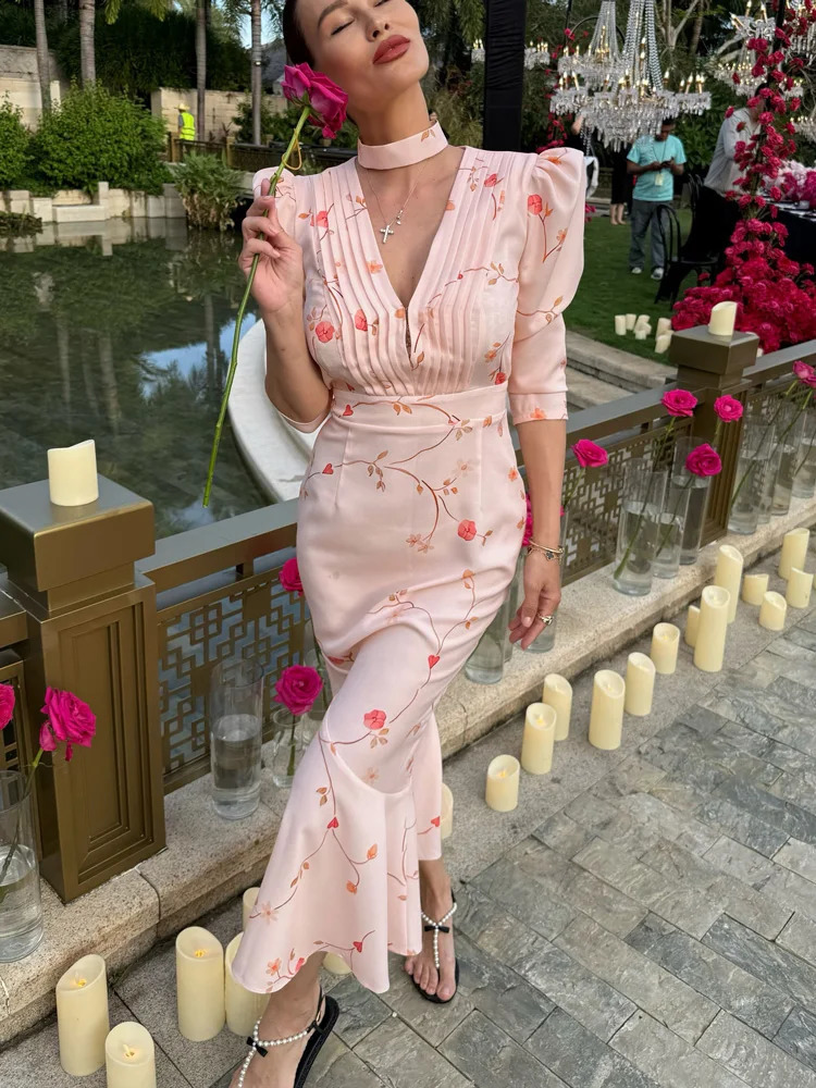 Tossy Elegant Printed V-Neck Long Dress Female High Waist Bandage Slim Contrast Party Dress Evening Womens Lace-Up Maxi Dress 250823
