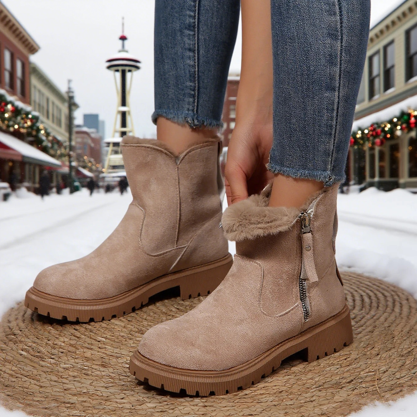 Bottes courtes de couleur unie des femmes talons carrés épais semelles antidérapantes bottes de neige à la mode