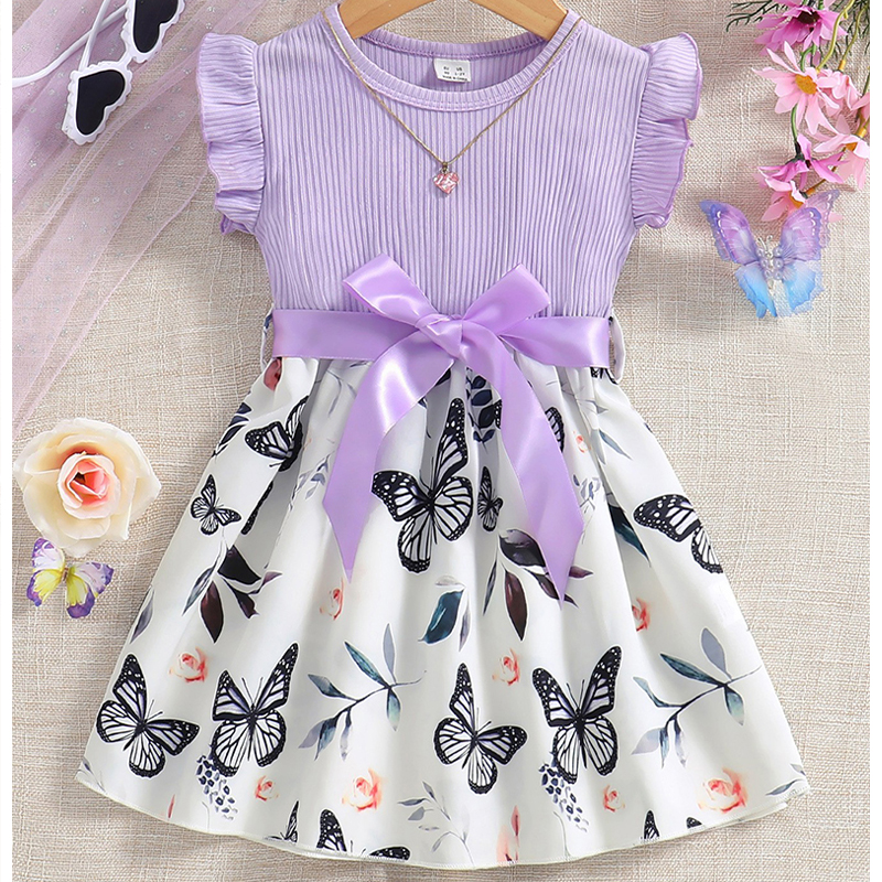 Summer Girls&#039; Floral A-Line Dress with Frilly Sleeves Sweet Butterfly Knot Flower Print Tiered Dresses Purple - KJC8847B-image-1072388371