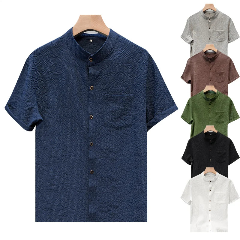 M5XL Summer Mens Shirt Short Sleeved with Bubble Gauze Textured Fabric Thin Quick Drying Stand Up Collar 250823