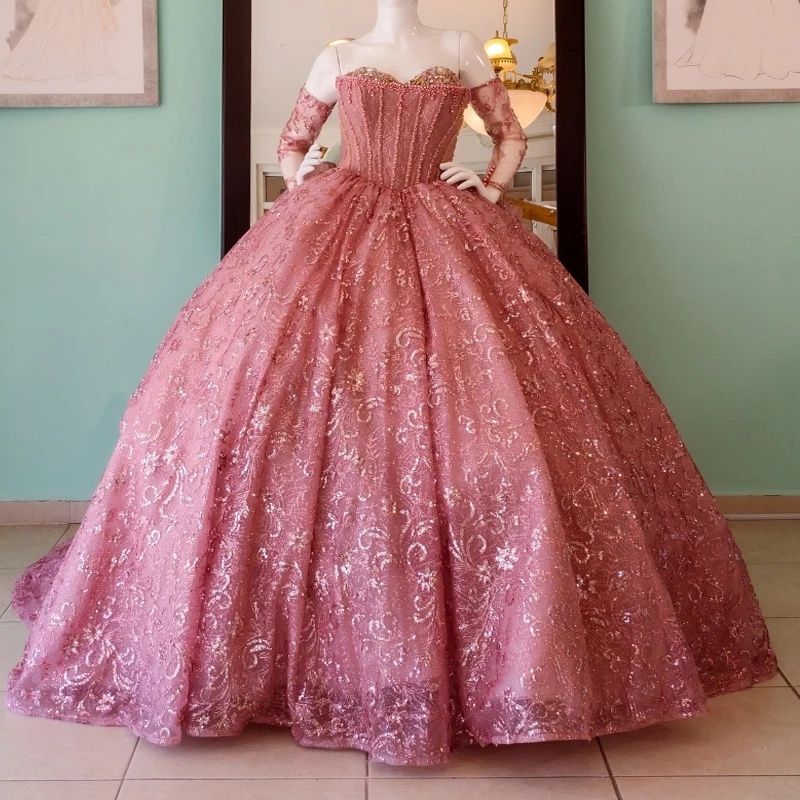 Pink Shiny Princess Quinceanera Dresses Off The Shoulder Ball Gown Sweet 16 Dress Sequin Appliques Lace Beads Vestidos De Anos