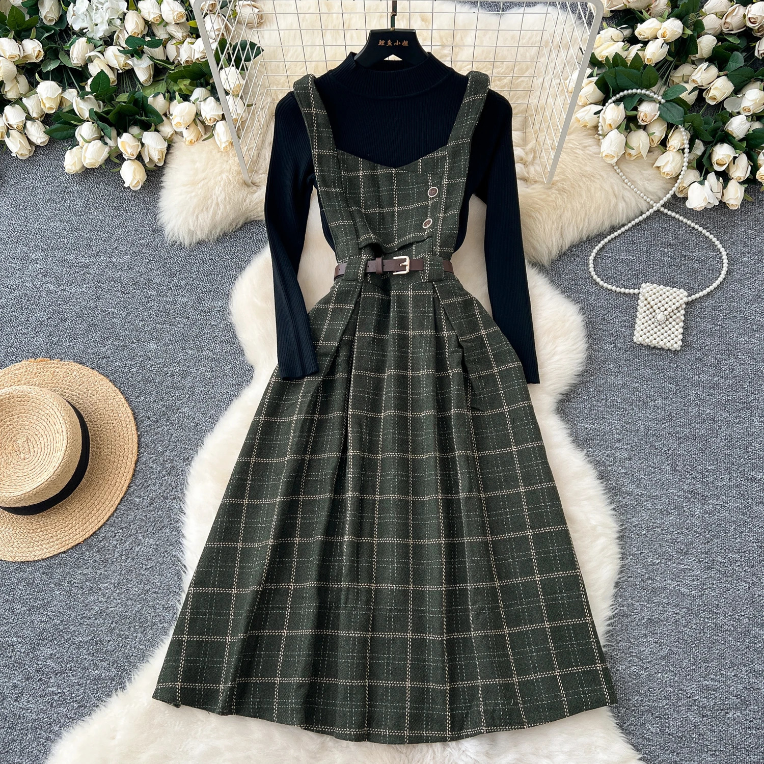 Chic vintage long sleeve Knit slim korean fashion Boho Sundress women clothing dress Two Piece Set 250823