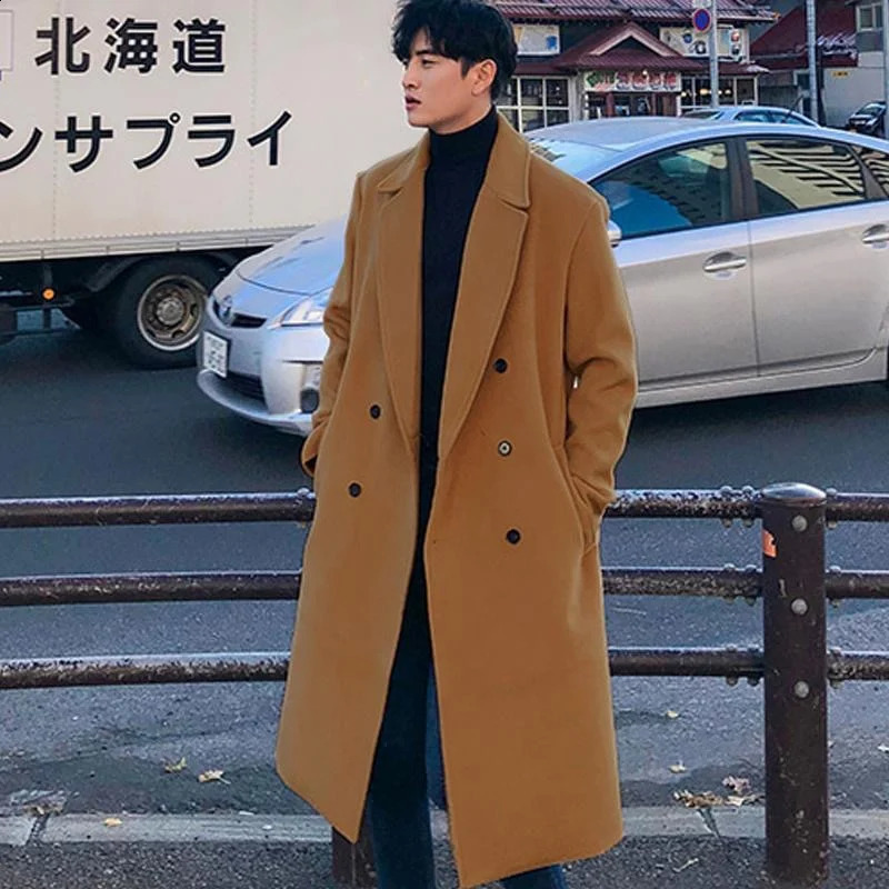 Winter Men Medium Length Coat Thickened Fashionable Woolen Coat Korean Loose Casual Double Breasted Clothes 250823