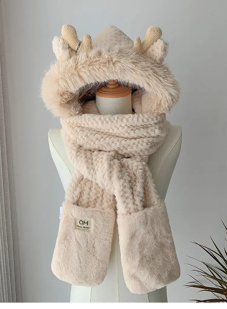 Fashion Elk Antlers Plush Hat Scarf Gloves Womens Winter Ear Protector Thickened Lei Feng Hat Cycling Ski Cap Wind Proof 250818