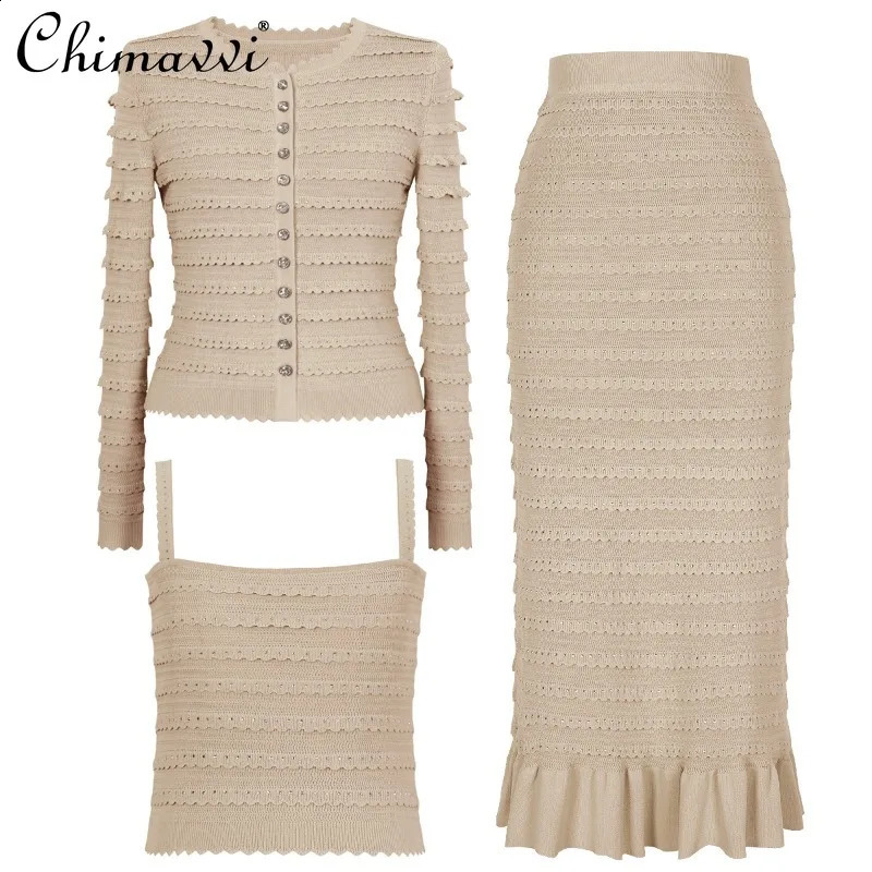 Spring and Autumn Solid Color Knitted Top Cardigan Jacket with Suspender Vest Skirt Threepiece Suit Women 250823