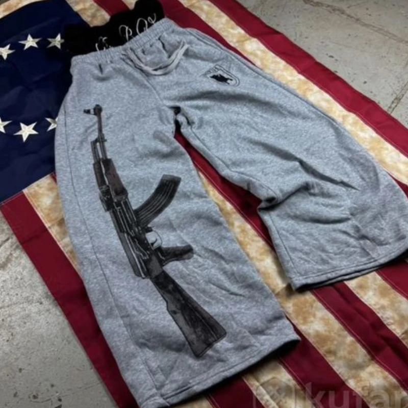 mens hoodies double waist embroidered elastic pants printing drawing casual loose sports trousers folded couple straight pants 250818