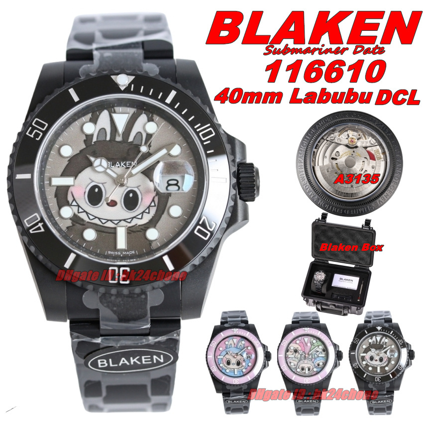 Blaken Labubu Luxury Watches 40mm Date A3135 Automatic Mens Watch Black Ceramic Bezel Labubu Dial Black DLC Steel Bracelet Gents Wristwatches High Q