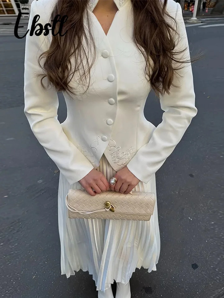 Elegant y Coat Skirts Suit Women Urban Stand Collar Single Breasted Jackets Pleated Long Skirt Lady Outfits 250823