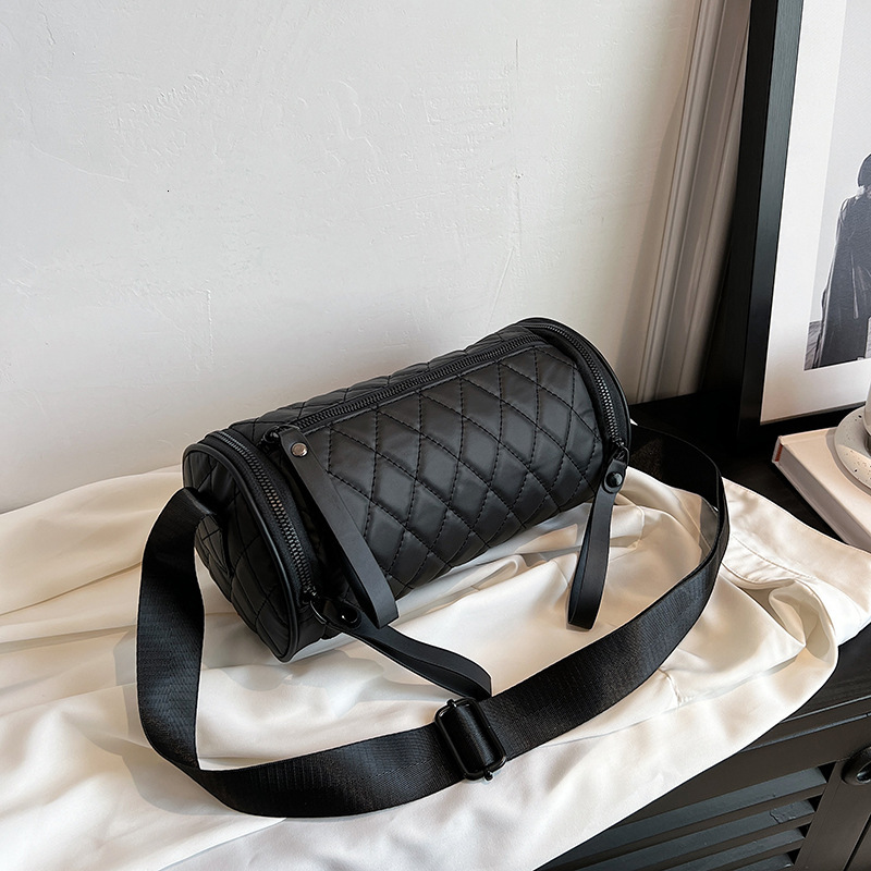 Women's Cross Border Small Bag New Quilted Cylindrical Bag Simple High End Shoulder Bag Wide Shoulder Strap Luxury Bag Designer Free Delivery C