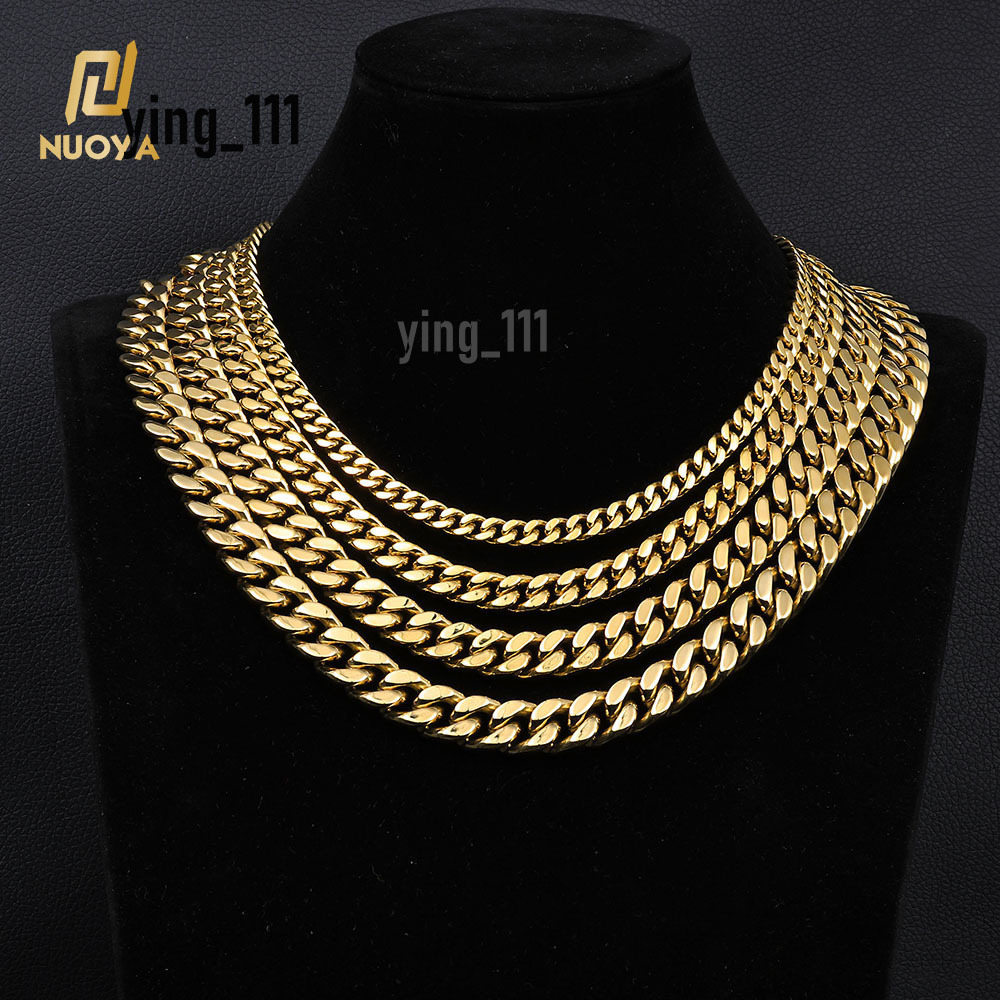 NUOYA 6/9/11/13mm Stainless Steel Buckle High Polished Cuban Link Chain Iced Out Moissaniate Clasp 14K Gold Plated Necklace