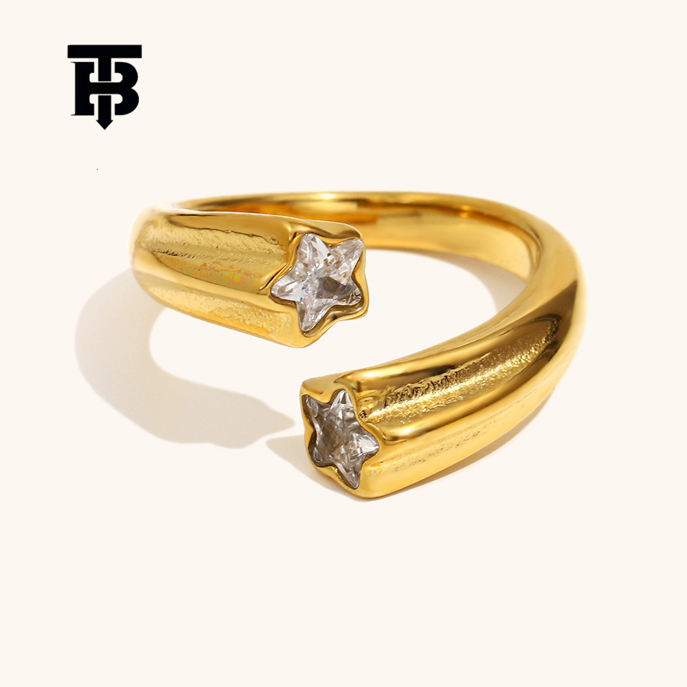 TB BHULAMTE Designer European And American Zircon Pentagram Open Ring Stainless Steel 18K Gold Plated Elegant Creative Jewelry Free Shipping Women&#