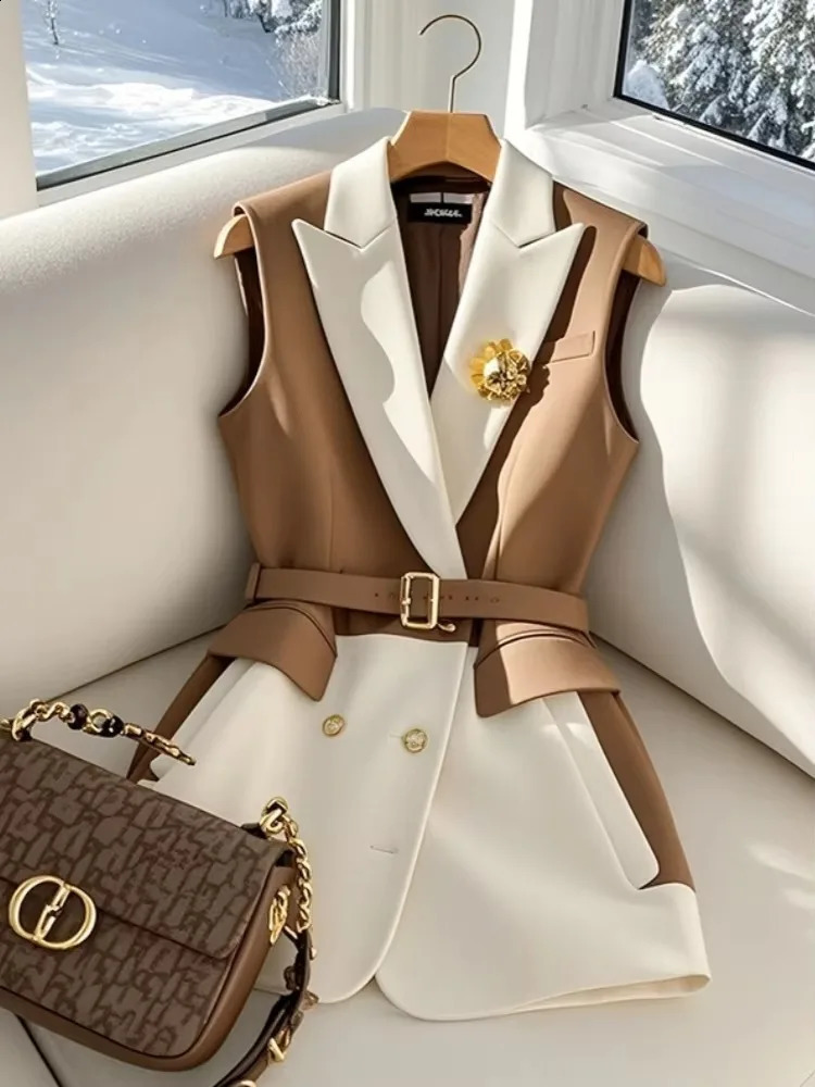 Veste d'été printemps Veste de couleur Bloc café sans manches Blazers Blazers Retro Femme Sorwear Allmatch Fashion Office Lady 250818