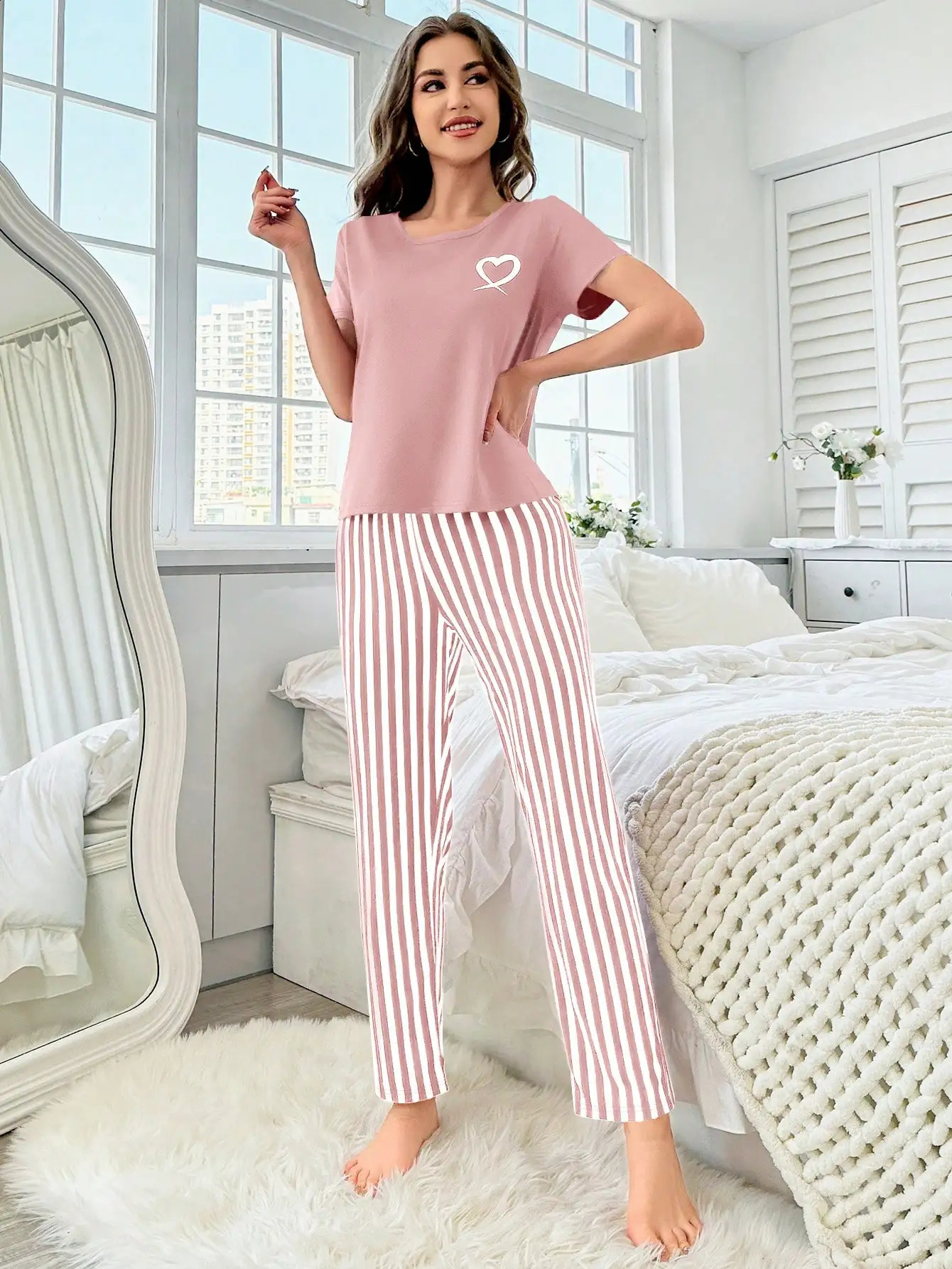 Womens pajamas style love short sleeve striped pants twopiece elegant casual home outfit 250823