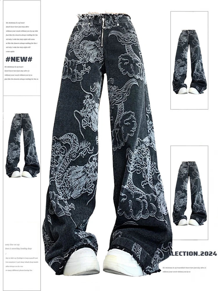 Women Black Gothic Dragon Print Jeans Baggy Vintage Aesthetic Cowboy Pants Harajuku Denim Trousers Y2k Trashy 2000s Clothes 250823