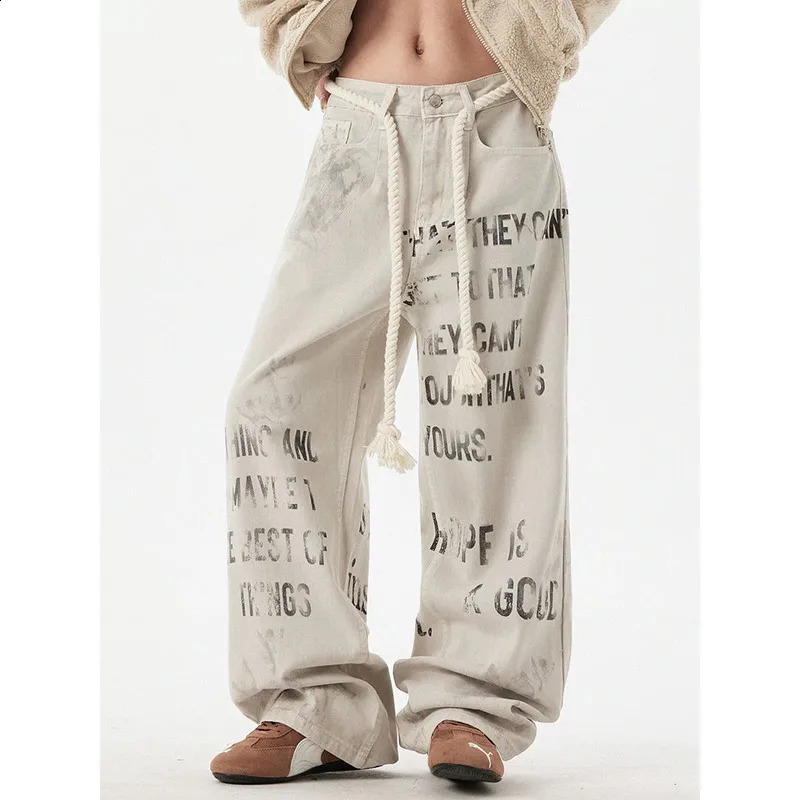 Spring Graffiti Apricot Jeans Women Y2K Vintage High Waisted Straight Streetwear Loose Large Wide Leg Denim Pants 250823