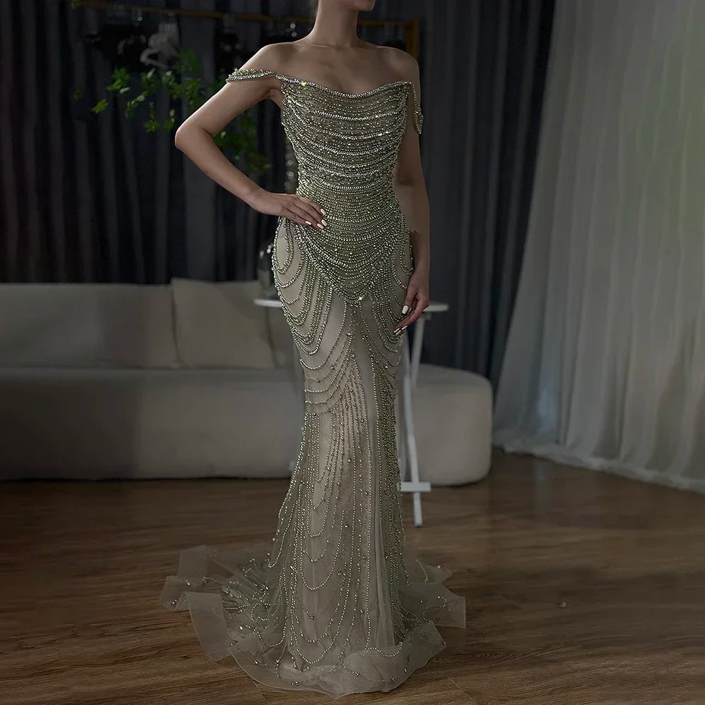 Customized Dubai Luxury Beaded White Nude Mermaid Evening Dress 2025 Off Shoulder Sexy For Women Party Gown ELA72253