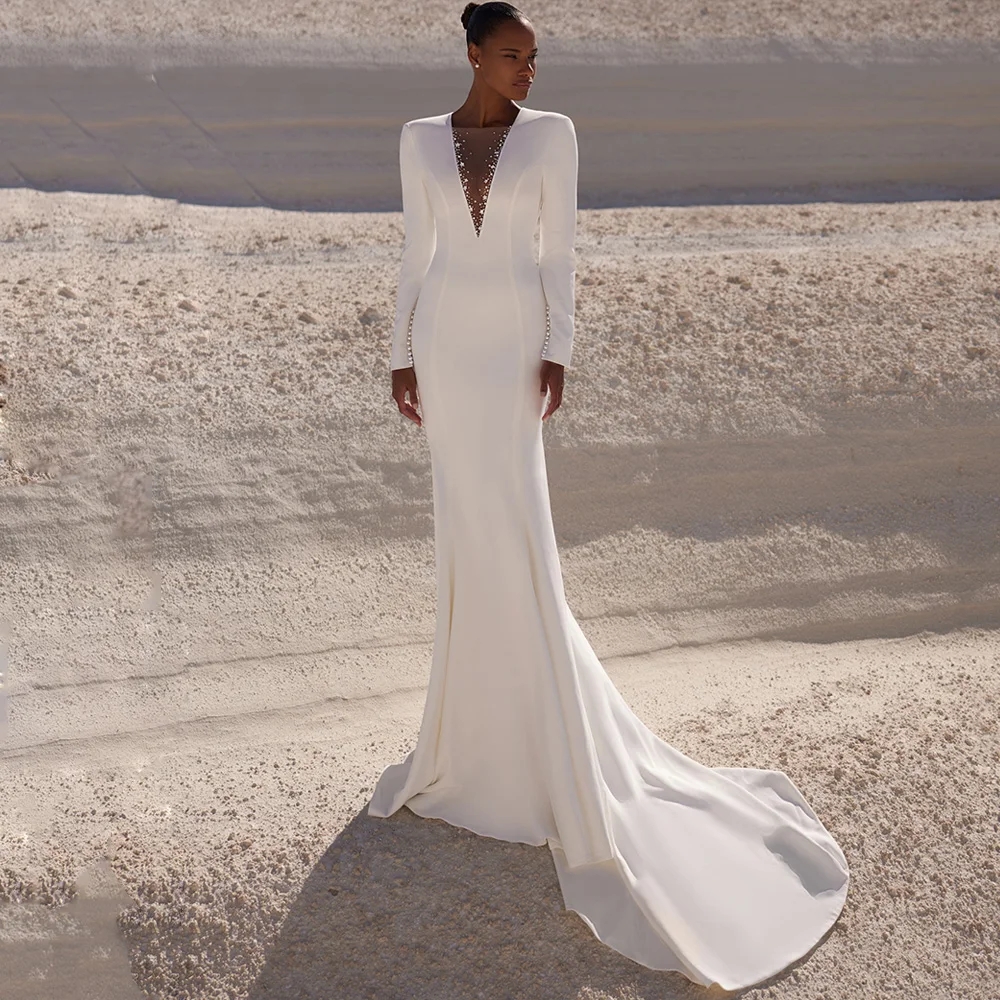 2026 New Wedding Dress Mermaid Bridal Gown V Neck Full Sleeves Beading Open Back Woman Bride Dresses Robe Mariage Vestidos De Noivas