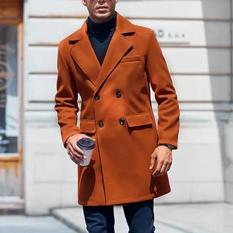 Mens Winter Mid-Length Coat Wool Warm Coats Lining Double Breasted Lapel Jacket Street Wear Mens Clothing Outerwears 250823