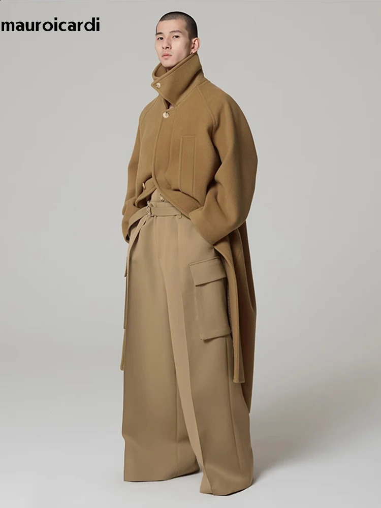 Mauroicardi Autumn Winter Oversized Long Khaki Warm Soft Woolen Coat Men Single Breasted Wool Blends Overcoat European Fashion 250823