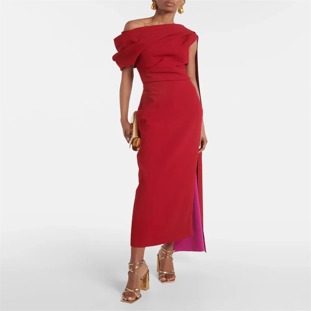 2026 New Red Sheath Evening Formal Dress Off Shoulder With Cloak Ankle Length Christmas Prom Pageant Party Gowns Birthday Robe De Soiree