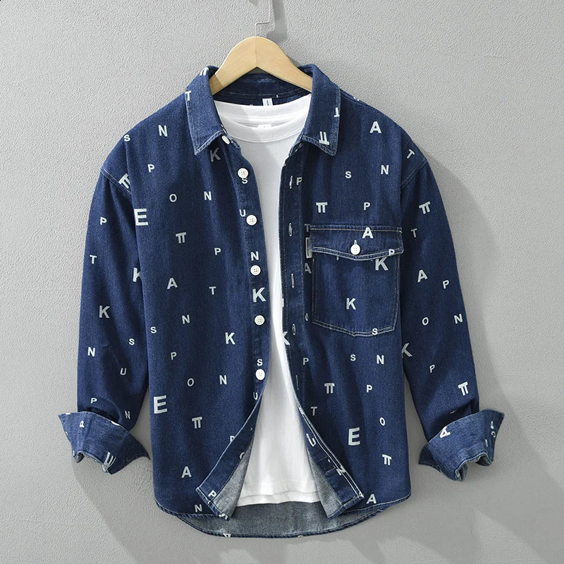 Fashion Letter Print Long Sleeve Denim Shirt for Men Pure Cotton Casual Cowboy Tops Clothing Male Button Up 250823