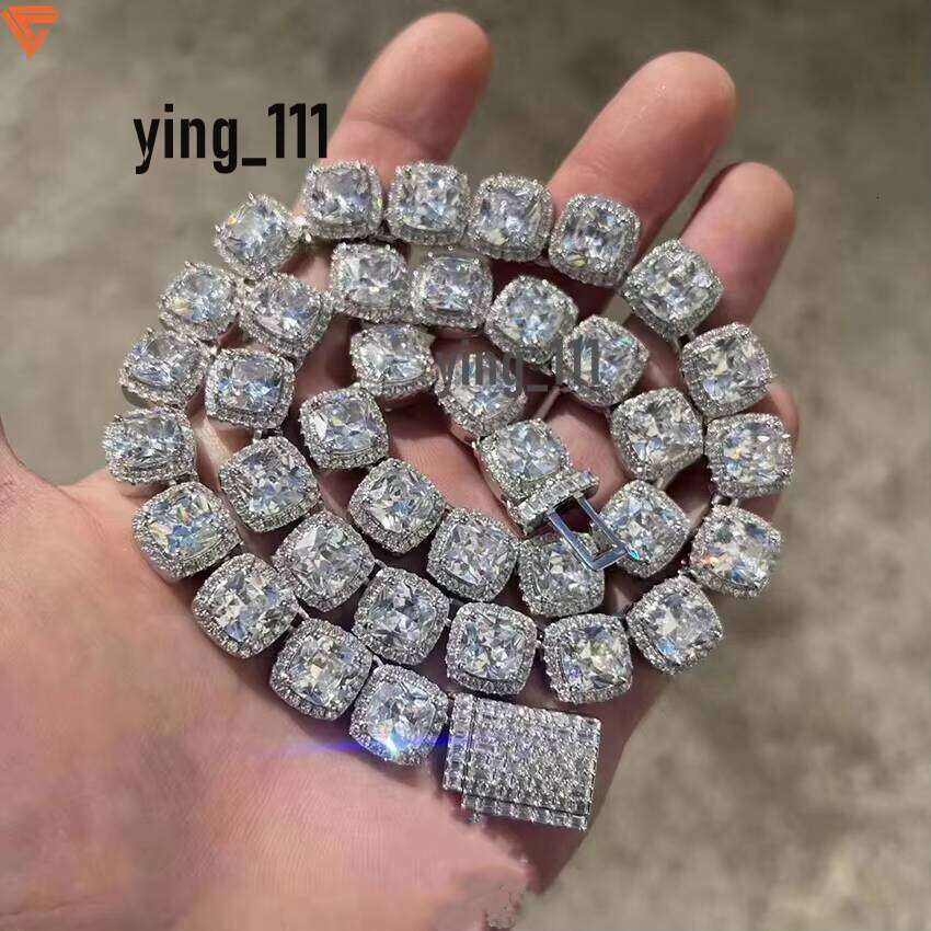 Hip Hop Jewelry Mens 10mm Pure Sier VVS Moissaniate Iced Out Square Cluster Tennis Chain Necklace