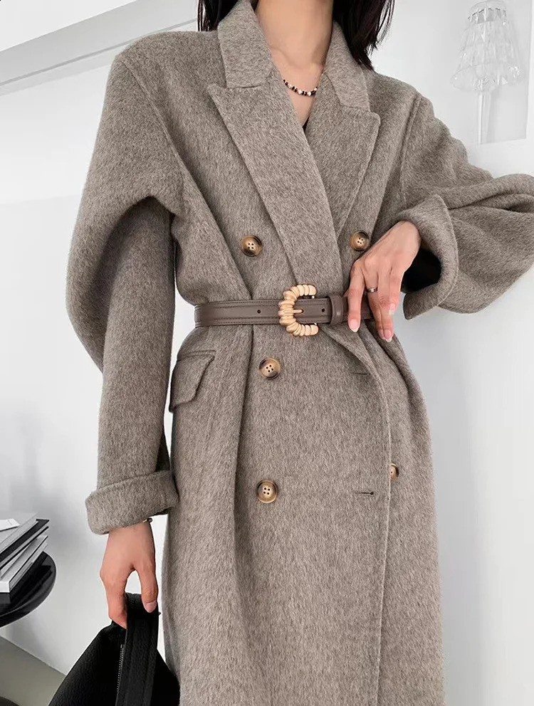 Autumn Women Drouble Breasted Woolen Coat Turn Down Collar Cashmere Winter Clothes Long Coats Tops 250819