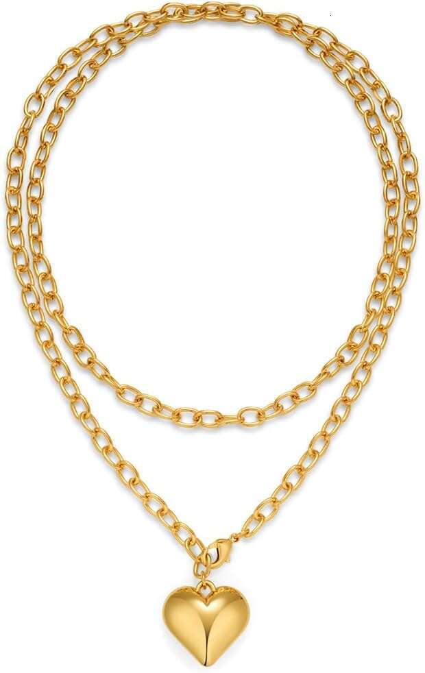 Layered Puffy Necklaces For Women Gold And Sier Plated Heart Pendant Long Chain Necklace