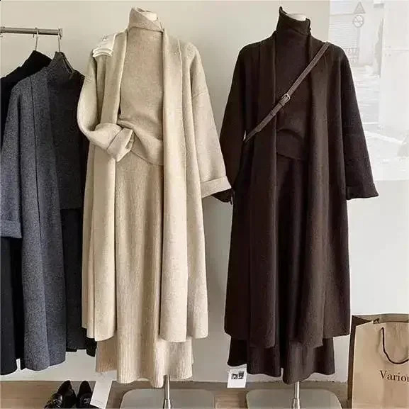Women Muslim Sweater 3 Piece Set Vest Jumper Dress Knitti Autumn Winter Crochet Cardigan High Waist Skirt Morocco Casual Outfits 250823