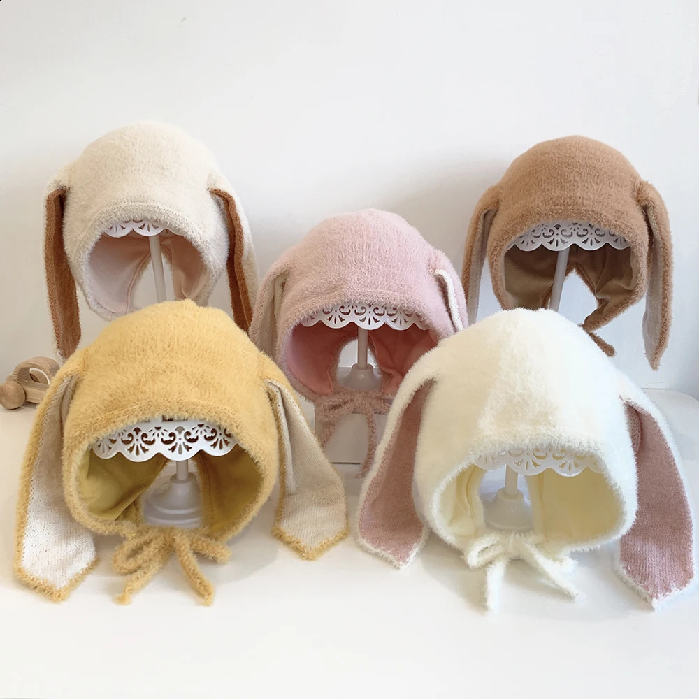 Cute Baby Hat Winter Long Rabbit Ears Soft Plush Warm Cap Kids Girls Rabbit Fur Skullies Beanies Knitted Hat Toddler Bonnet 250818