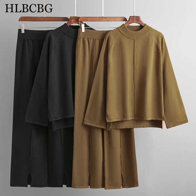 HLBCBG 2 Pieces Set Women Knitted Tracksuit Turtleneck Sweater Loose Slit Pants Pullover CHIC Outwear 250823
