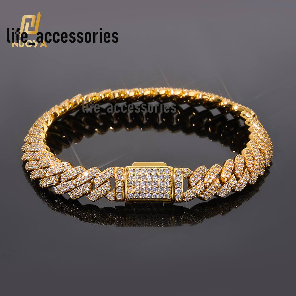 NUOYA Hip Hop Fine Jewelry 8mm Flip Button Diamond Double Row Diamond Bracelet Gold Plated Iced Out Moissanite Cuban Link Chain