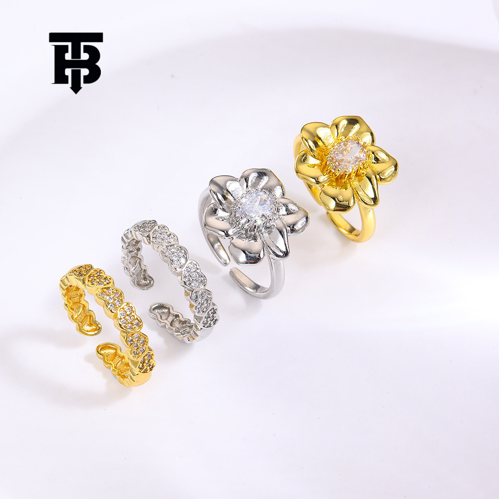 TB BHULAMTE Fashion Copper Plated 18k Petal Set Diamond Heart Women's Open Ring Adjustable Luxury Jewelry Accessories Free Shipping