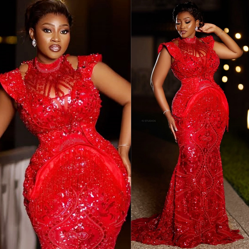 Plus Size Aso Ebi Red Prom Dress 2025 Evening Dresses For Special Occasions High Neck Beaded Lace Long Sleeves Illusion Birthday Dress Second Recept
