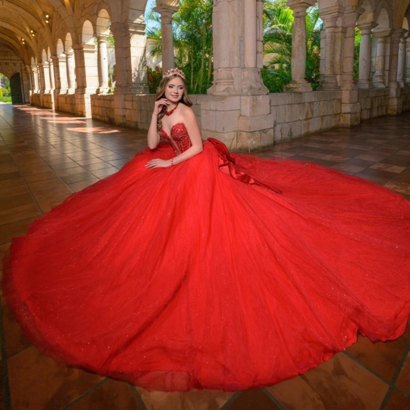 Red Shiny Princess Off the Shoulder Sweet 16 Dress Quinceanera Dresses Beads Bow Tull Party Birthday Vestidos 15 De Anos