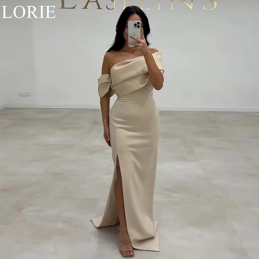 LORIE Elegant Champagne Satin Bridesmaid Dresses Mermaid One Shoulder Side Slit Draped Wedding Party Prom Gowns Customized 250823