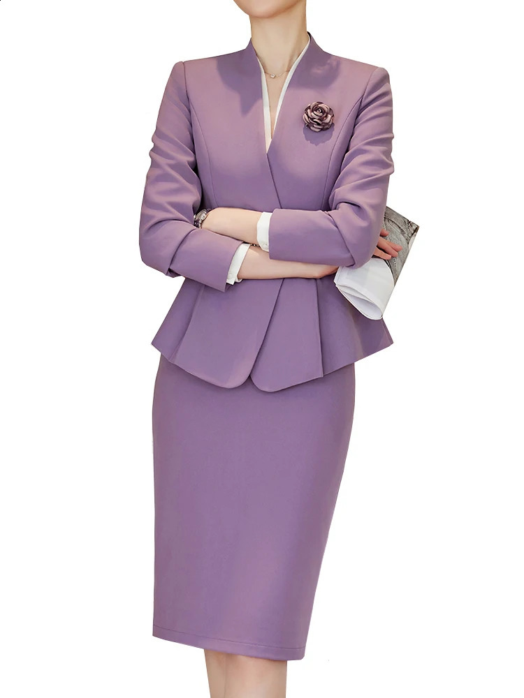 Elegant Women Formal Skirt Suit Ladies Black Purple Pink Long Sleeve VNeck Female Two Piece Blazer Set 250823