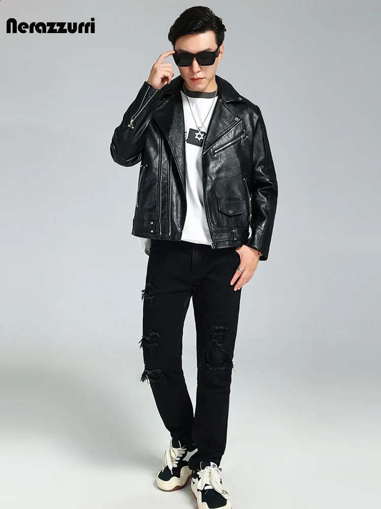Nerazzurri Autumn Cool Hard Short Black Pu Leather Moto Biker Jacket Men Zipper Plus Size European Fashion Clothes 3xl 4xl 5xl 250818