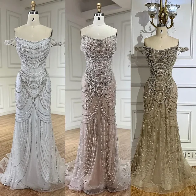 White Nude Mermaid Evening Dress 2025 Customized Dubai Luxury Beaded Off Shoulder Sexy For Women Party Gown