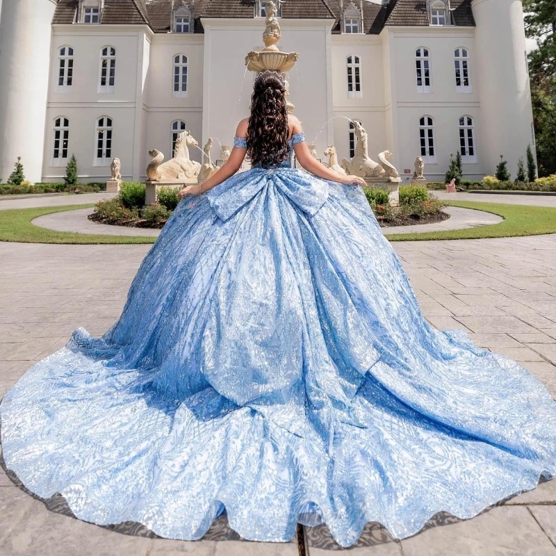 Sky Blue Shiny Off The Shoulder Crystal Beading Sequined Applique Quinceanera Dresses Ball Gown Corset Vestidos 15 De Anos