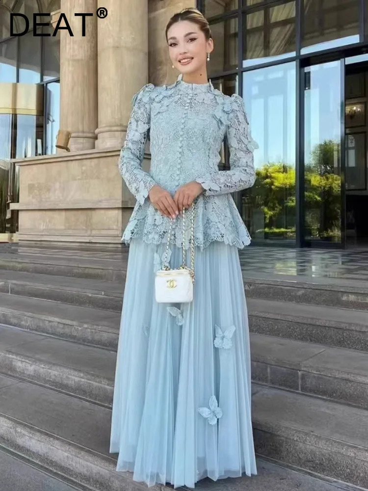 DEAT stand collar full sleeves lace hollow out embroidery slim high waist shirt lining and halfbody skirt two pieces set 250823