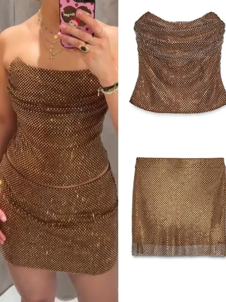 Sexy Sequined Strapless Vest Mini Skirt Sets Women Beach Sleeveless Backless Tube Tops Short Aline Skirts Summer Lady Suit 250823