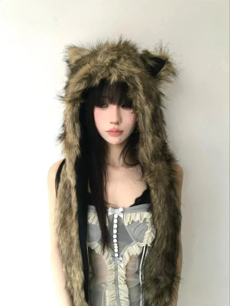 Japanese Kawaii Cute Fur Scarf Hat Winter Keep Warm Y2k Aesthetic Fashion Vintage Cap Bears Ears Women Hats Grunge Streetwear 250821